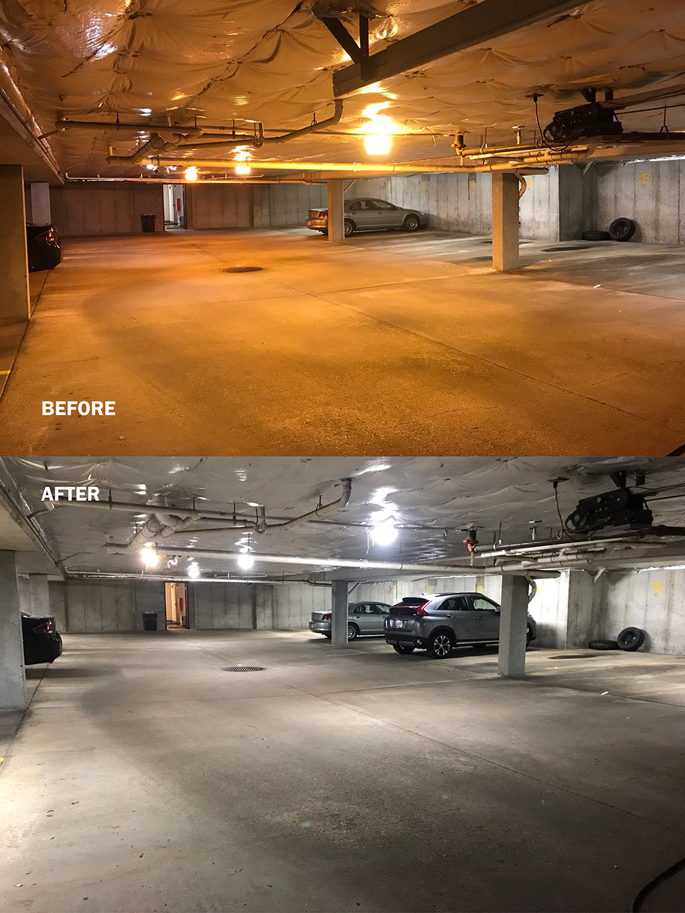 Two pictures of an indoor parking garage are juxtaposed, with the words "before" and "after" written on them. One image shows darker lighting and the other shows brighter, more illuminated lighting.